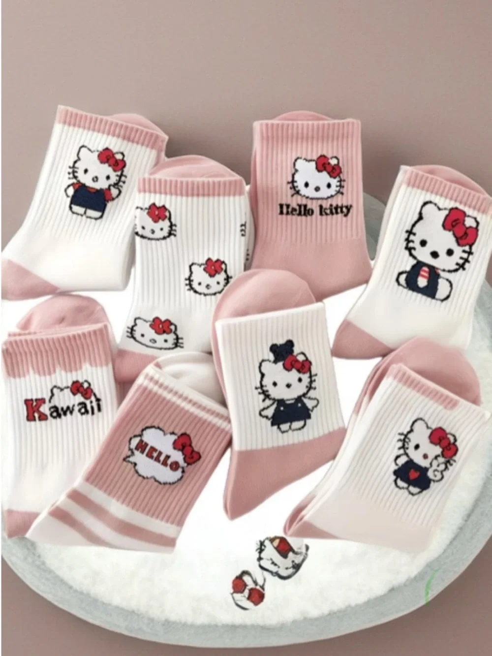 4 Pair Hello Kitty Kawaii Pink & White Crew Socks -